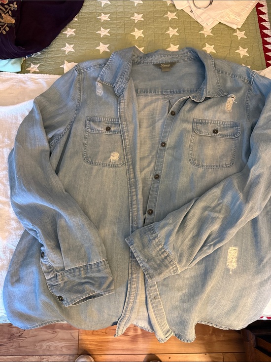 NATURAL LIFE Tops - NATURAL LIFE Light Blue Distressed Denim Shirt